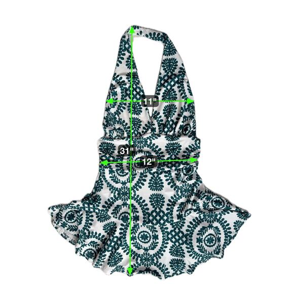 Boho Backless Halter Romper Sz Small White Green Floral Print Ruffle Resort READ - Picture 5 of 16